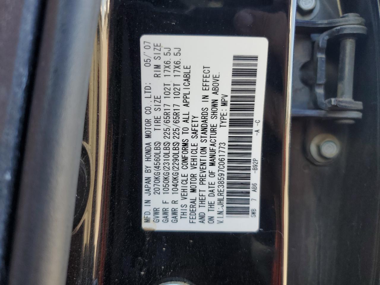 2007 Honda CR-V VIN JHLRE38597C061773 Copart auction photo, front end damage thumbnail 12