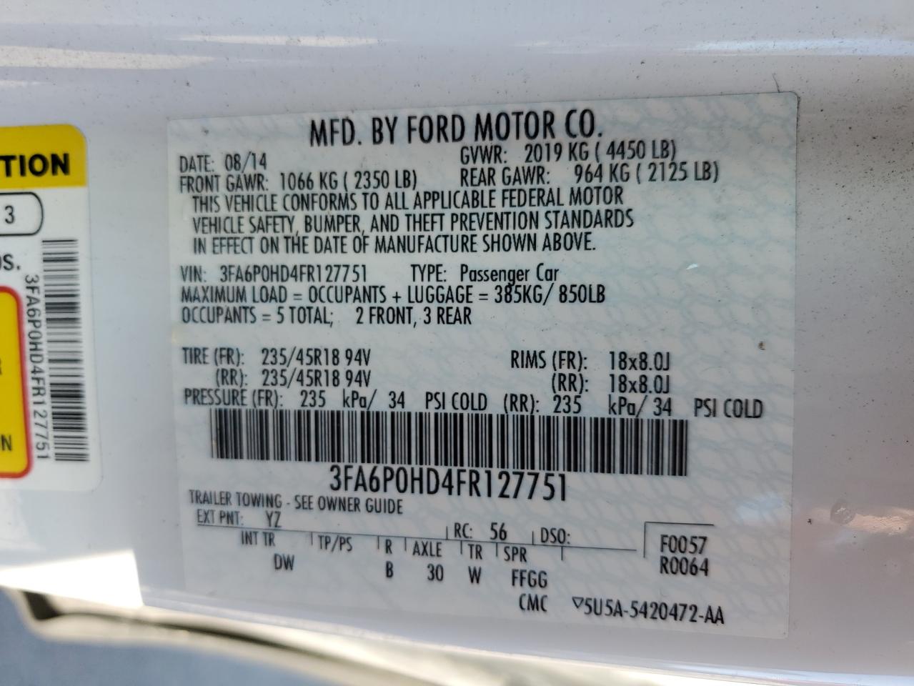 2015 Ford Fusion VIN 3FA6P0HD4FR127751 Copart auction photo, front end damage thumbnail 12