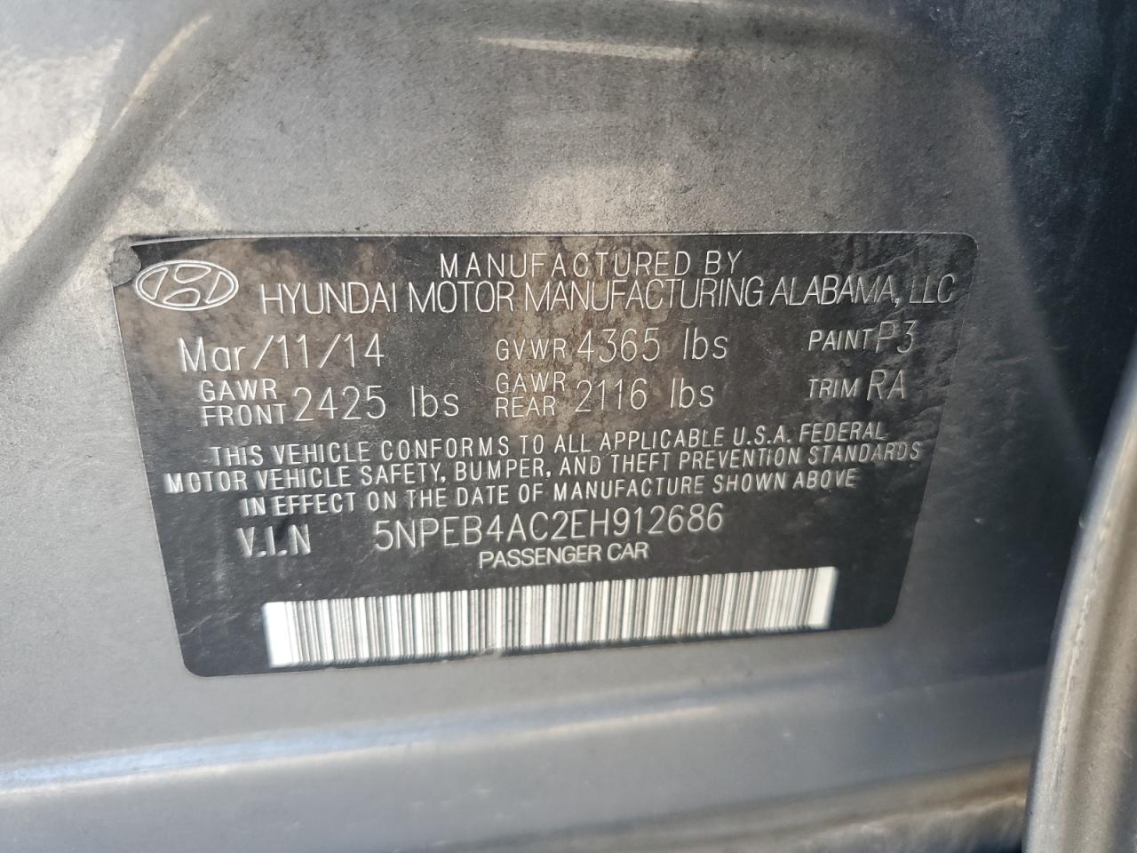 2014 Hyundai Sonata VIN 5NPEB4AC2EH912686 Copart auction photo, all over damage thumbnail 14