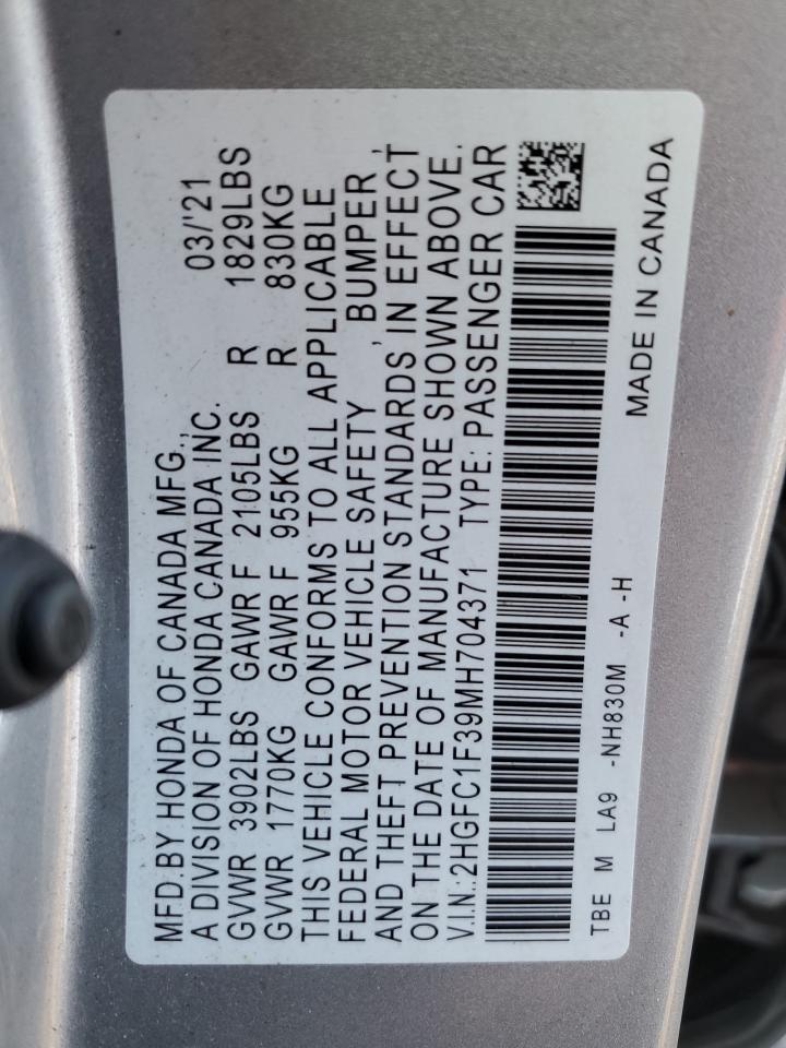 2021 Honda Civic VIN 2HGFC1F39MH704371 Copart auction photo, rear end damage thumbnail 12