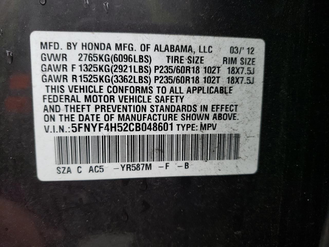 2012 Honda Pilot VIN 5FNYF4H52CB048601 Copart auction photo, front end damage thumbnail 14
