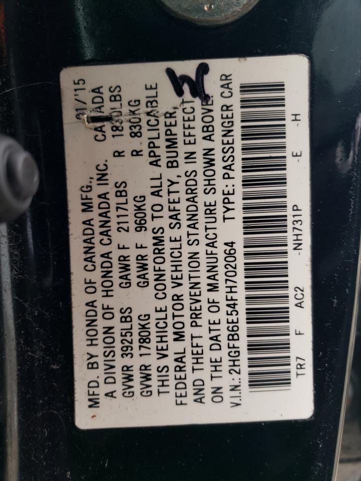 2015 Honda Civic VIN 2HGFB6E54FH702064 Copart auction photo, rear end damage thumbnail 13