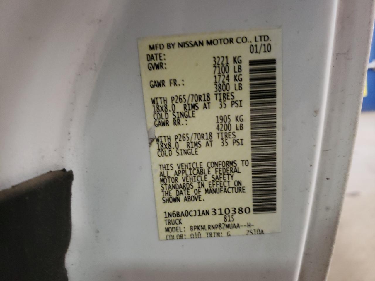 2010 Nissan Titan VIN 1N6BA0CJ1AN310380 Copart auction photo, front end damage thumbnail 12