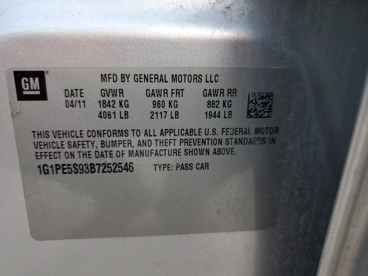 2011 Chevrolet Cruze VIN 1G1PE5S93B7252546 Copart auction photo, front end damage thumbnail 12