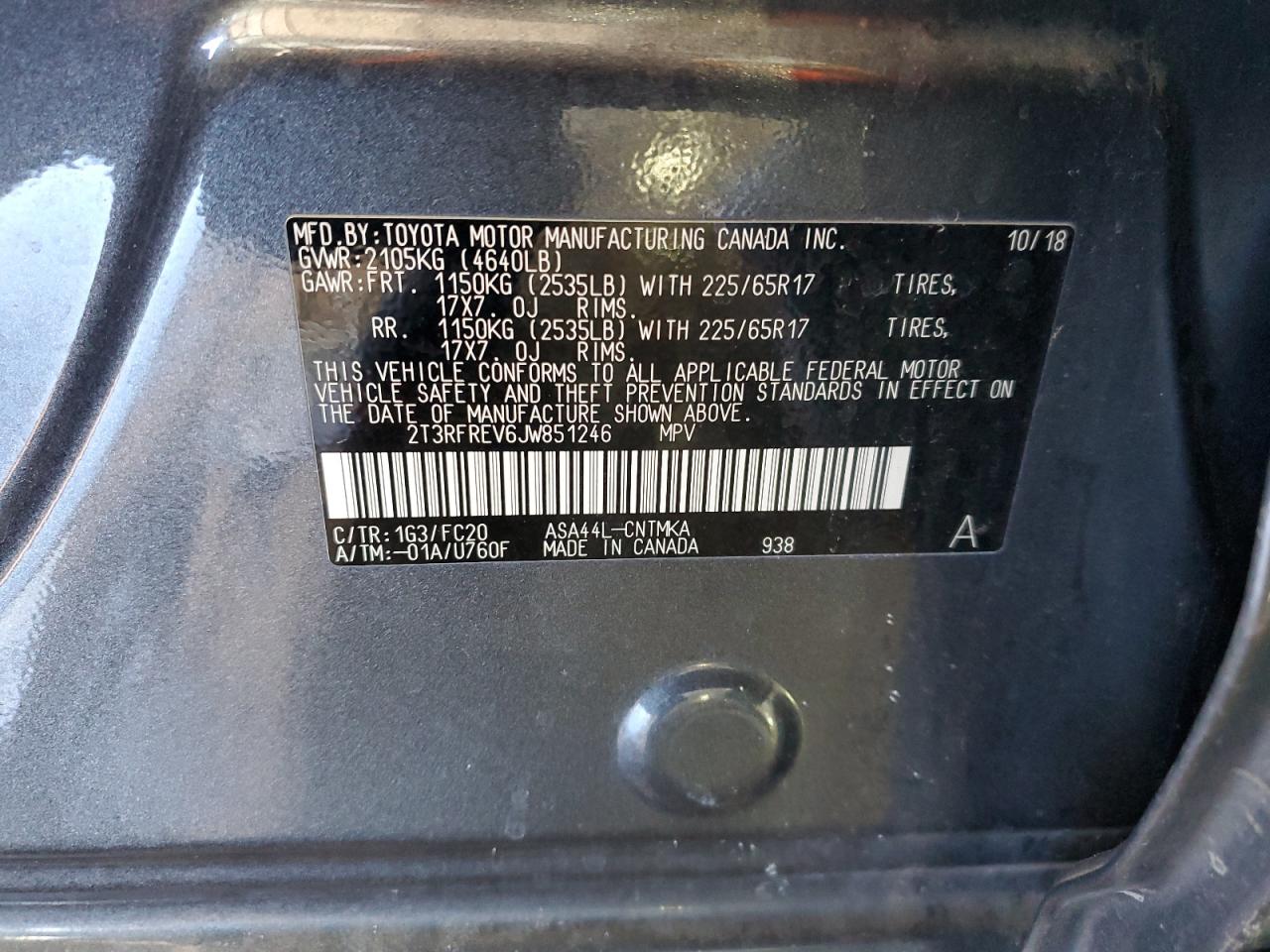 2018 Toyota RAV 4 VIN 2T3RFREV6JW851246 Copart auction photo, rear end / side damage thumbnail 13