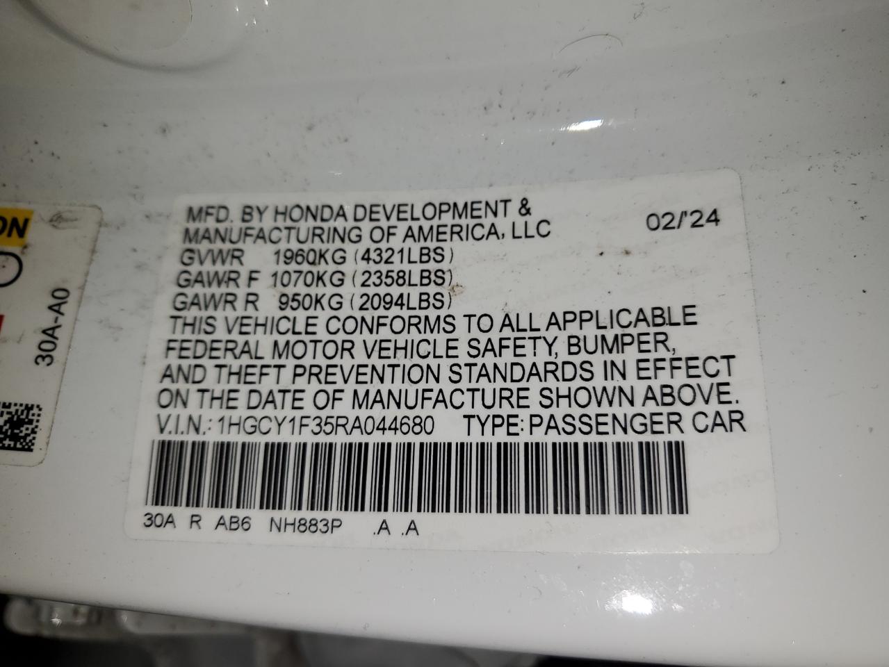 2024 Honda Accord VIN 1HGCY1F35RA044680 Copart auction photo, all over damage thumbnail 12