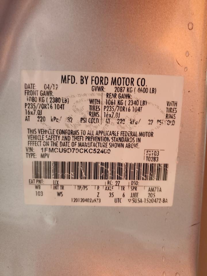 2012 Ford Escape VIN 1FMCU9D70CKC52400 Copart auction photo, side damage thumbnail 15