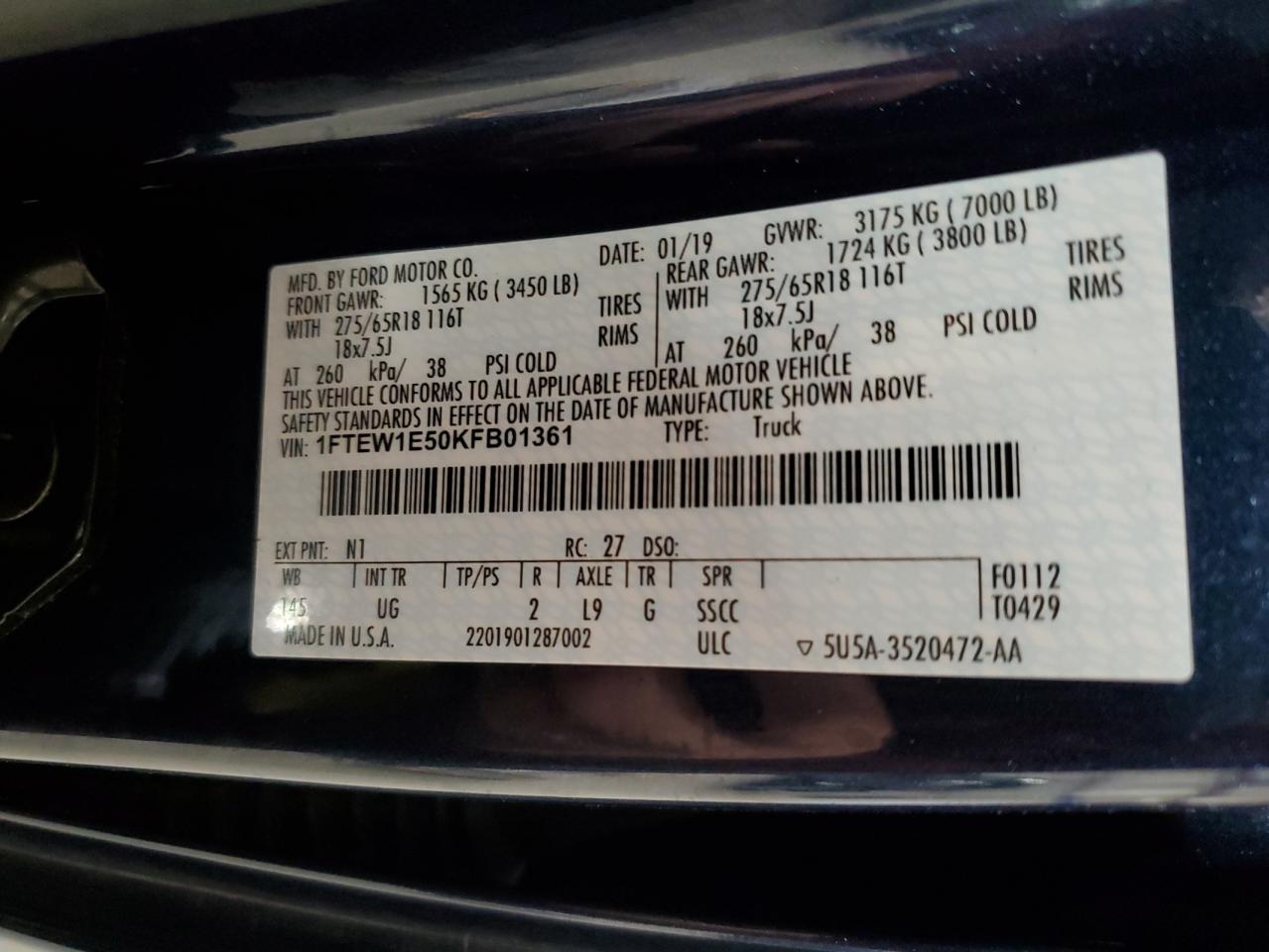 2019 Ford F-150 VIN 1FTEW1E50KFB01361 Copart auction photo, front end / side damage thumbnail 12