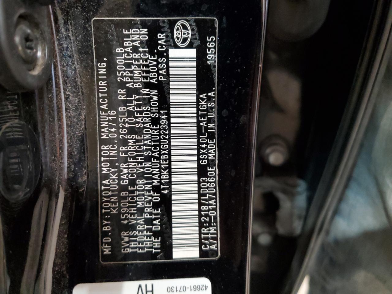 2016 Toyota Avalon VIN 4T1BK1EBXGU223941 Copart auction photo, side / front end damage thumbnail 12