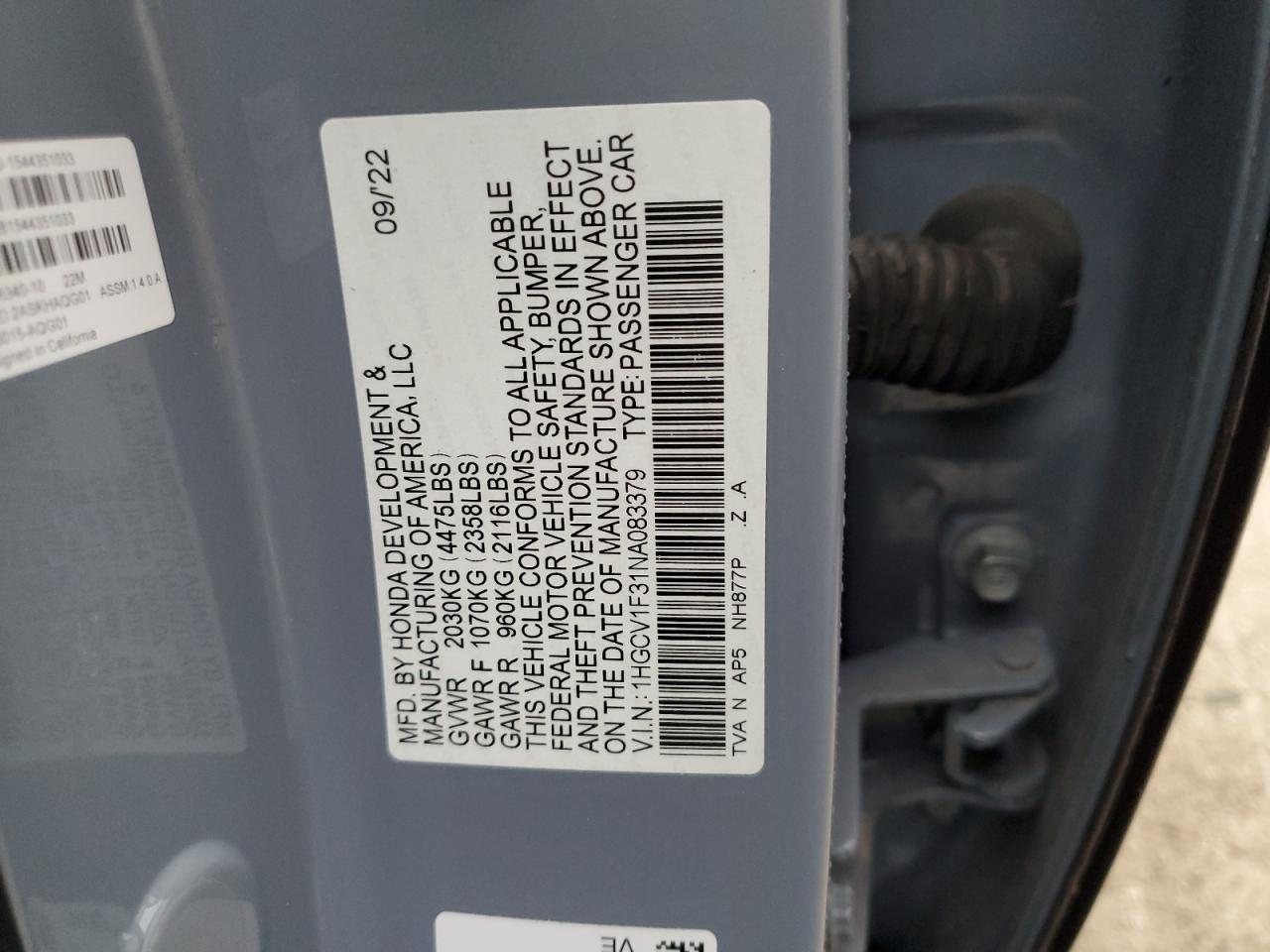2022 Honda Accord VIN 1HGCV1F31NA083379 Copart auction photo, water/flood damage thumbnail 13