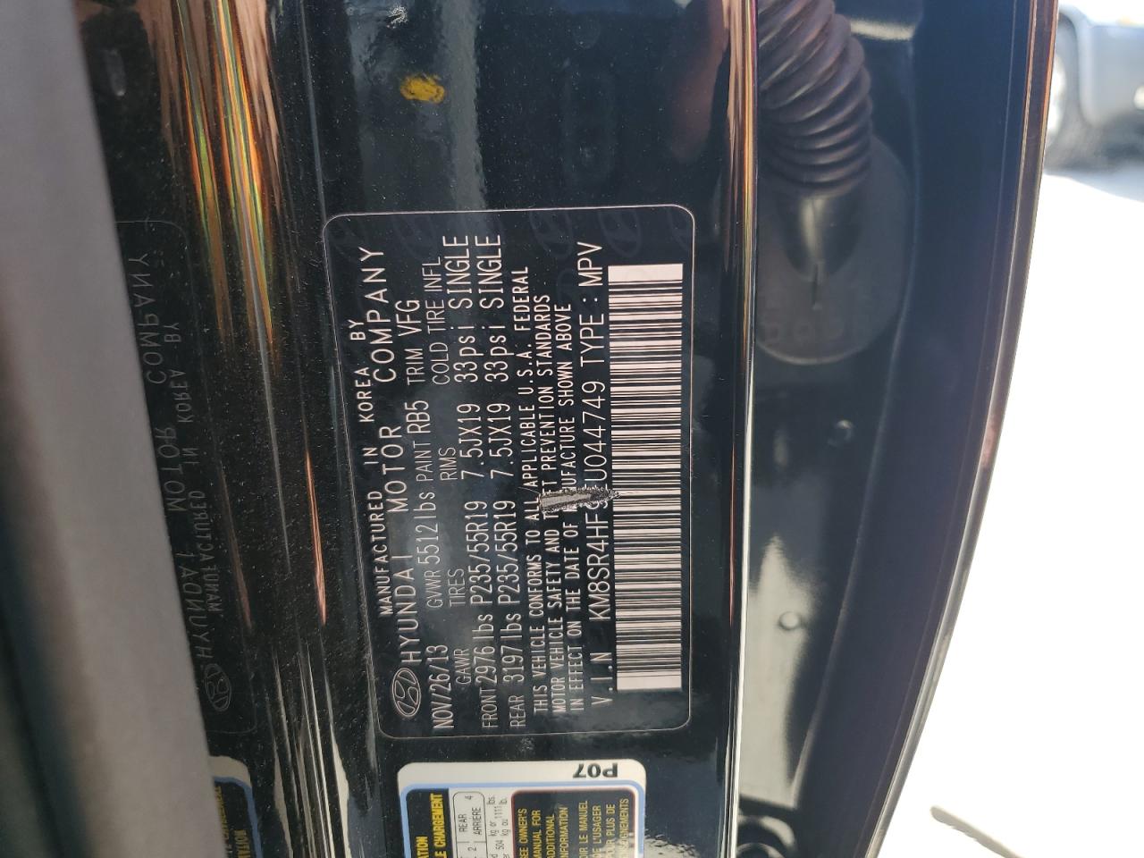 2014 Hyundai Santa Fe VIN KM8SR4HF9EU044749 Copart auction photo, side / front end damage thumbnail 13