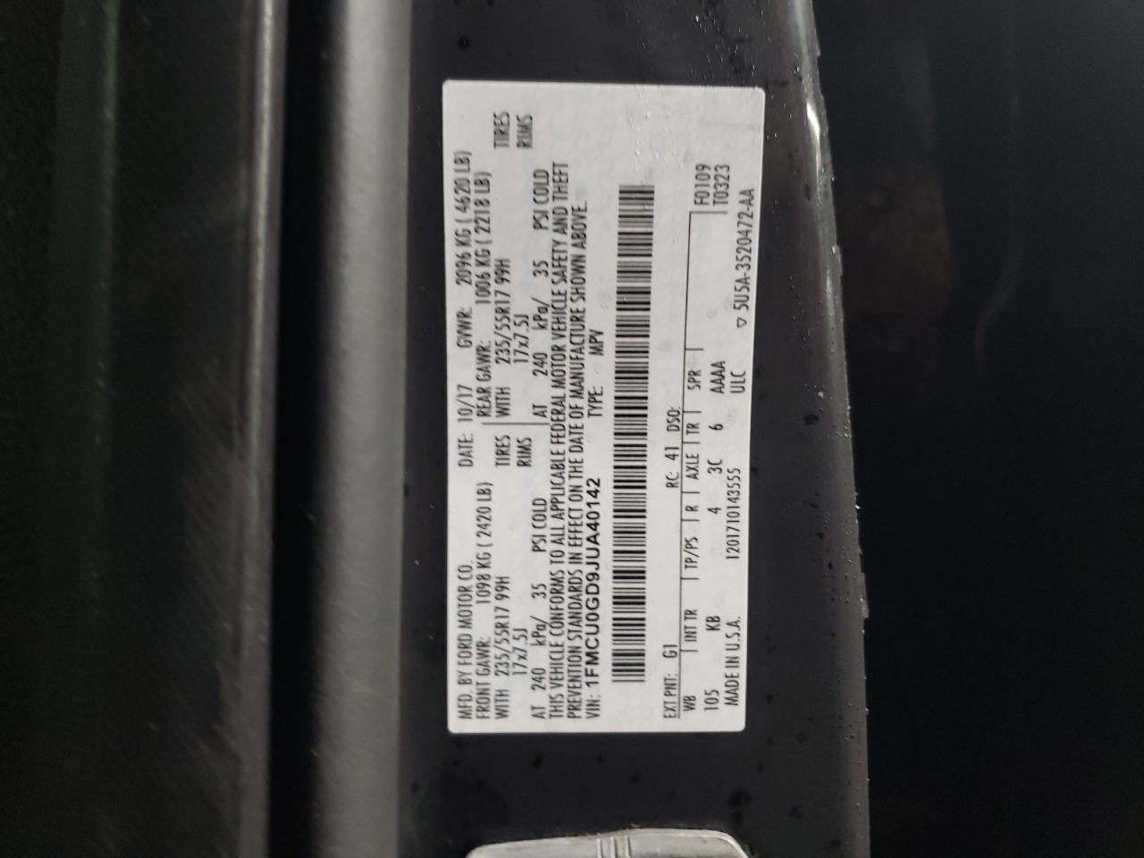 2018 Ford Escape VIN 1FMCU0GD9JUA40142 Copart auction photo, front end damage thumbnail 12