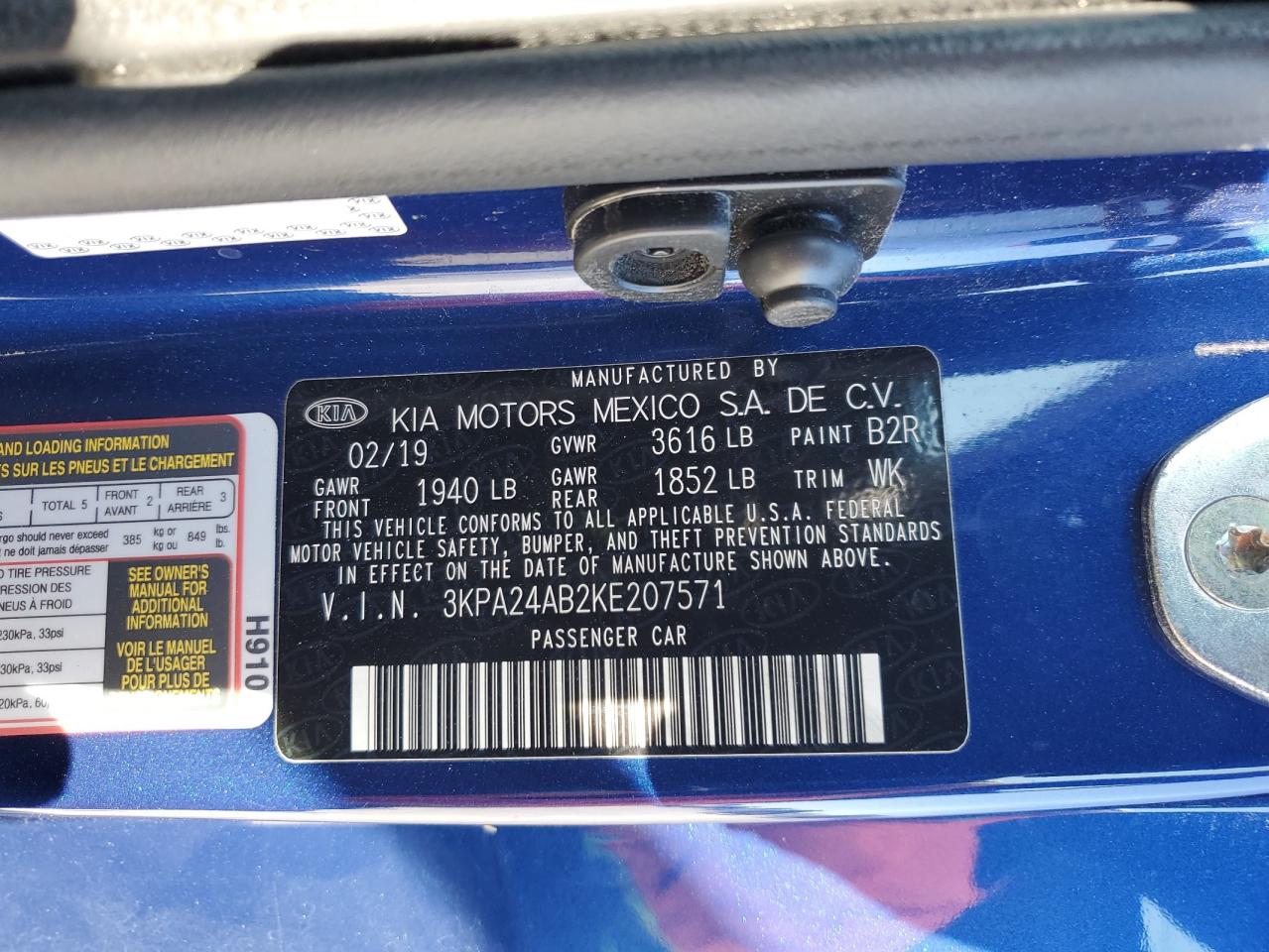 2019 KIA Rio VIN 3KPA24AB2KE207571 Copart auction photo, rear end damage thumbnail 15