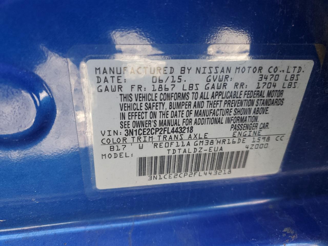 2015 Nissan Versa VIN 3N1CE2CP2FL443218 Copart auction photo, front end damage thumbnail 12