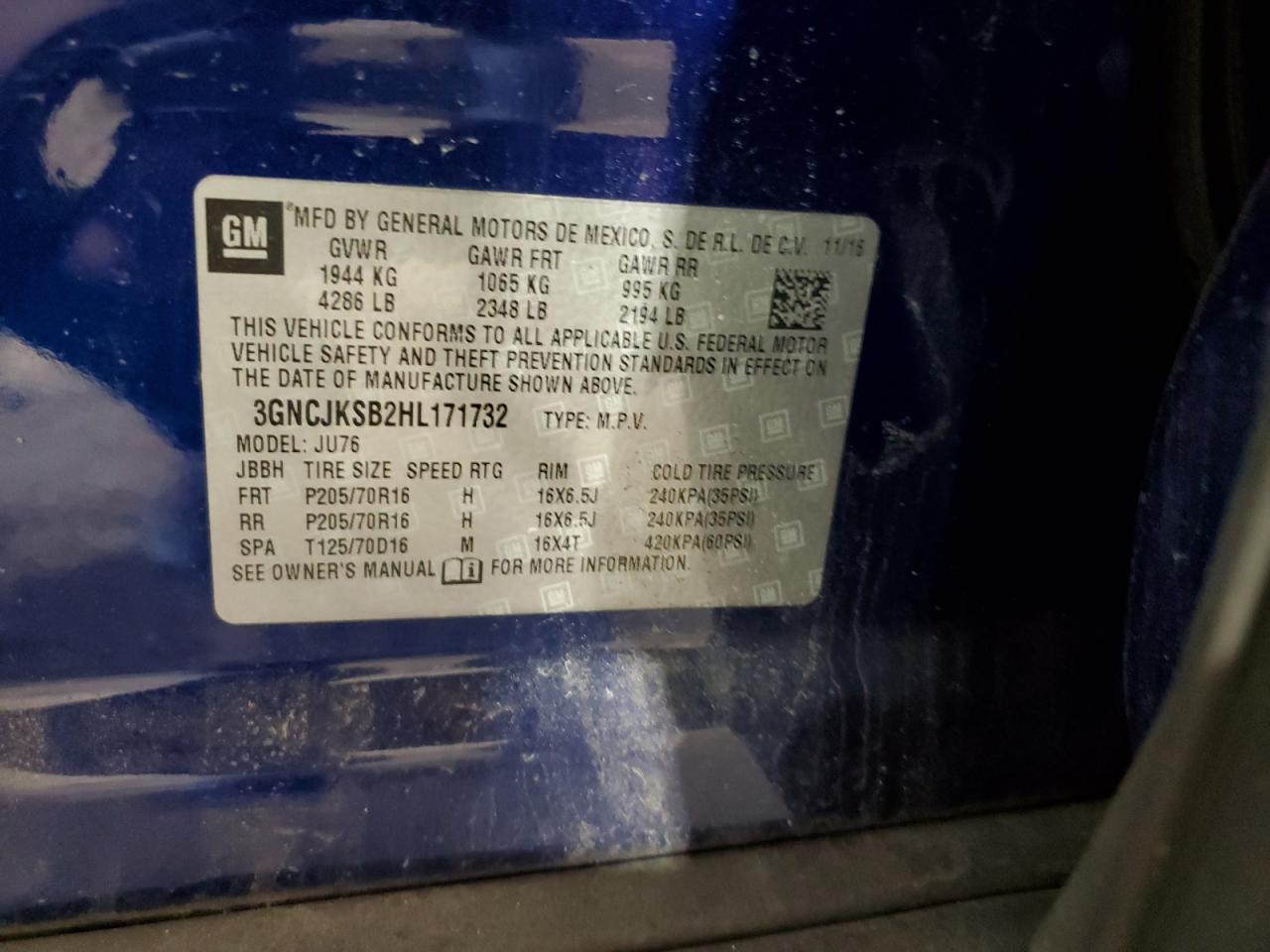 2017 Chevrolet Trax VIN 3GNCJKSB2HL171732 Copart auction photo, front end damage thumbnail 13