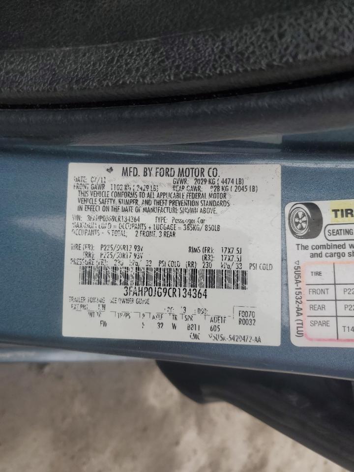 2012 Ford Fusion VIN 3FAHP0JG9CR134364 Copart auction photo, front end damage thumbnail 12