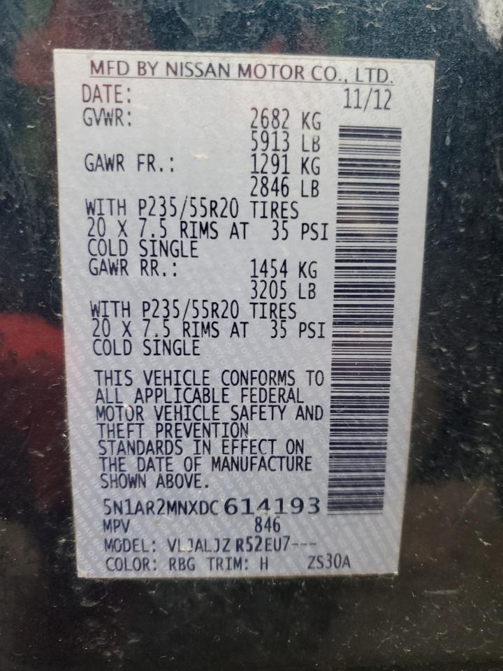 2013 Nissan Pathfinder VIN 5N1AR2MNXDC614193 Copart auction photo, front end / minor dent/scratches damage thumbnail 13