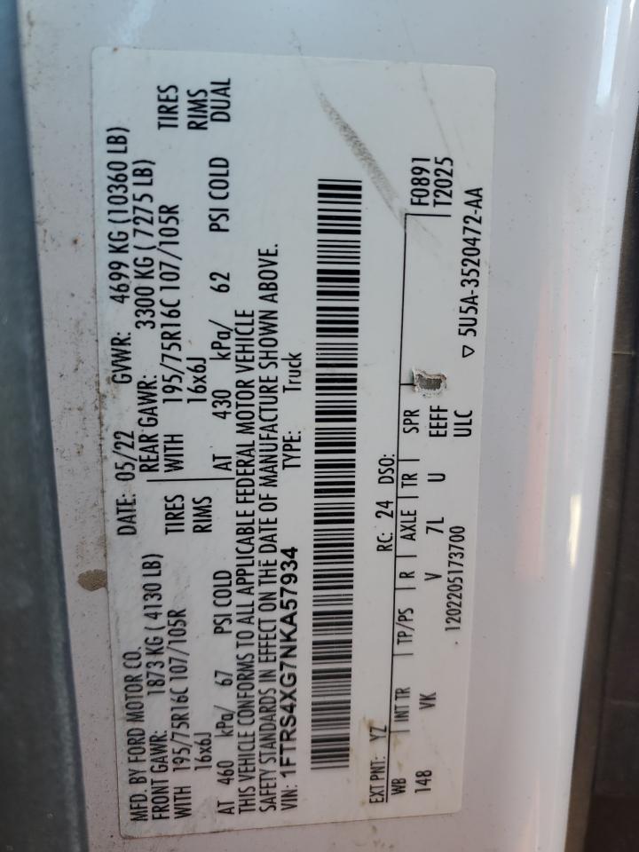 2022 Ford Transit VIN 1FTRS4XG7NKA57934 Copart auction photo, all over damage thumbnail 16