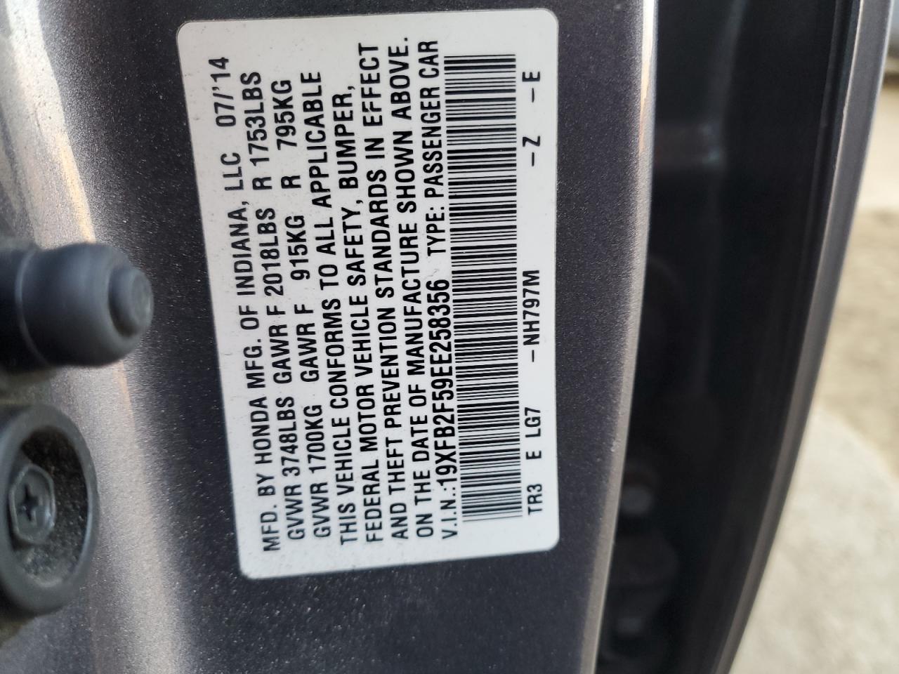 2014 Honda Civic VIN 19XFB2F59EE258356 Copart auction photo, front end damage thumbnail 12