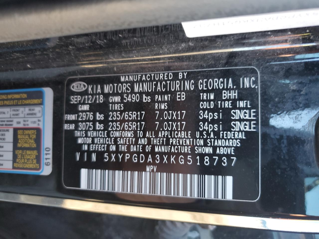 2019 KIA Sorento VIN 5XYPGDA3XKG518737 Copart auction photo, all over damage thumbnail 15