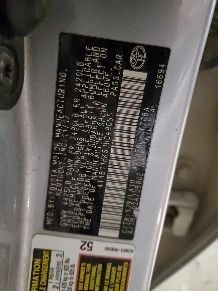 2018 Toyota Camry VIN 4T1B11HK5JU049055 Copart auction photo, all over / mechanical damage thumbnail 13