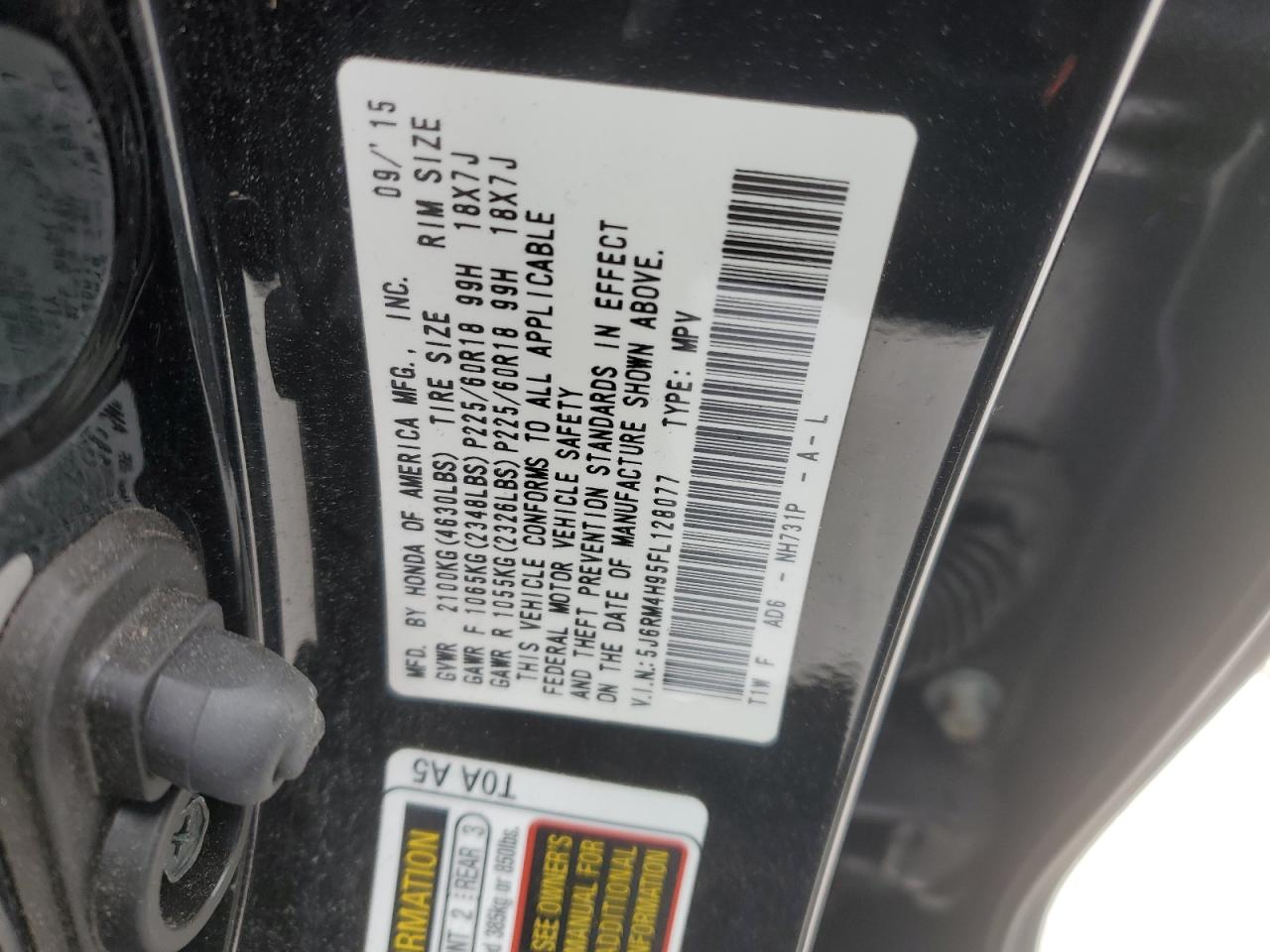 2015 Honda CR-V VIN 5J6RM4H95FL128077 Copart auction photo, front end damage thumbnail 13