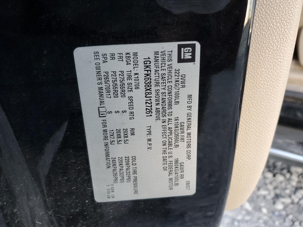 2008 GMC Yukon VIN 1GKFK638X8J127261 Copart auction photo, front end damage thumbnail 15