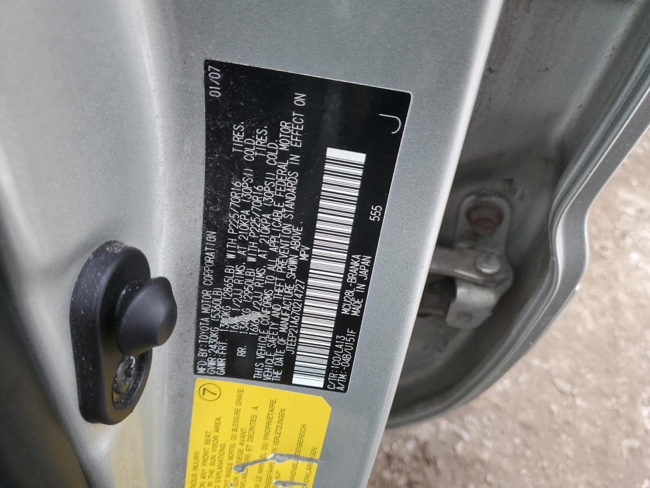 2007 Toyota Highlander VIN JTEEP21A670214727 Copart auction photo, front end / rear end damage thumbnail 14