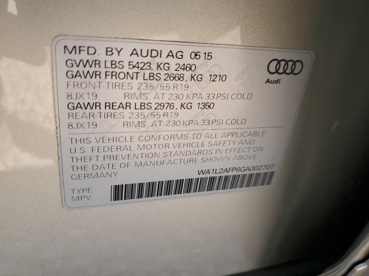 2016 Audi Q5 VIN WA1L2AFP6GA002707 Copart auction photo, rear end damage thumbnail 13