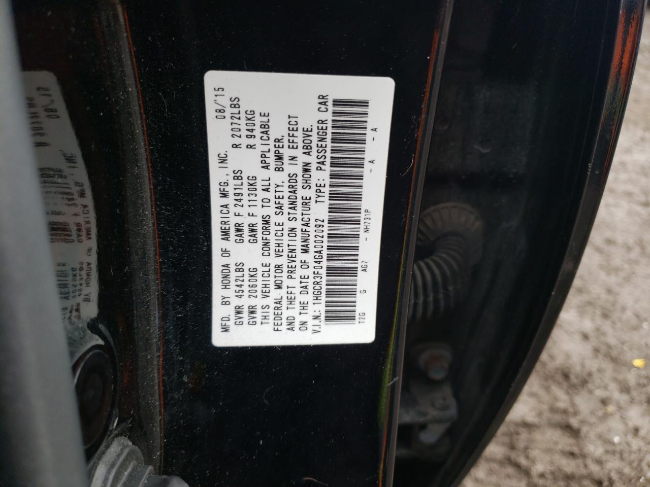 2016 Honda Accord VIN 1HGCR3F04GA002092 Copart auction photo, side / rear end damage thumbnail 13