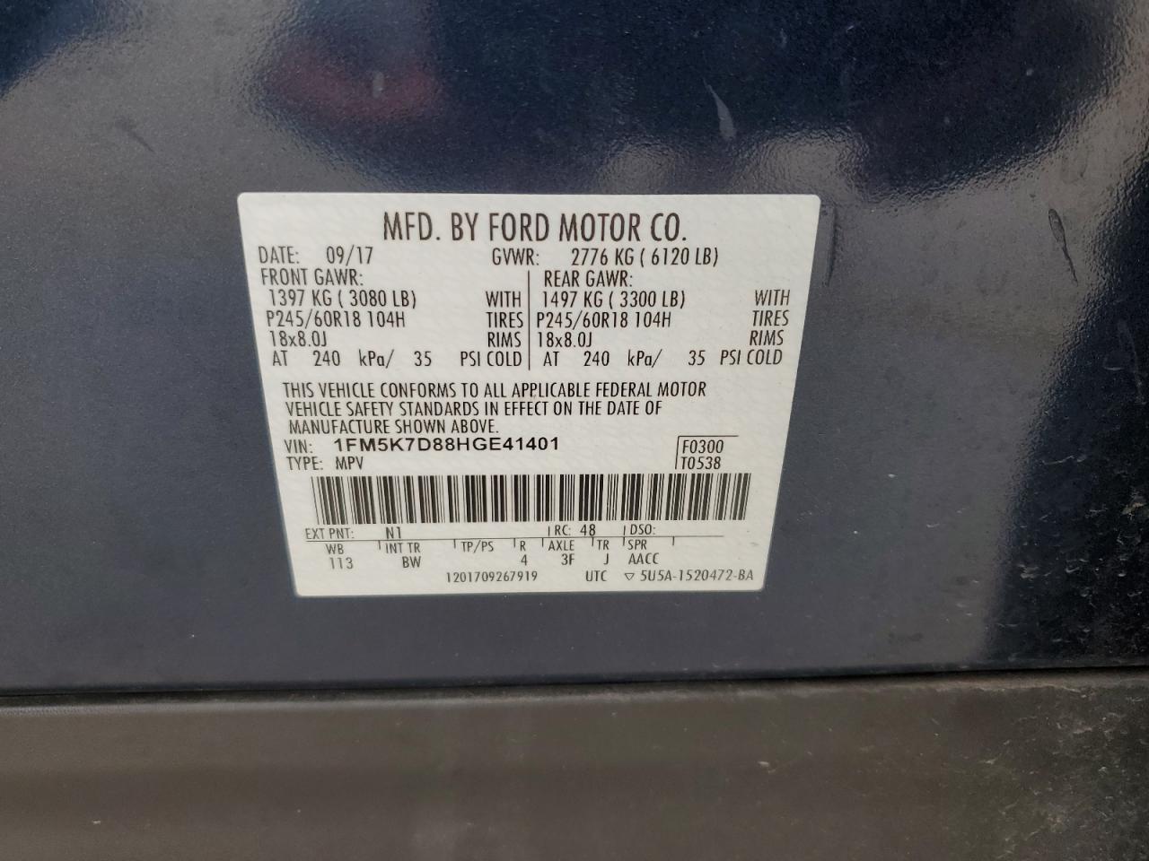2017 Ford Explorer VIN 1FM5K7D88HGE41401 Copart auction photo, rear end / front end damage thumbnail 15