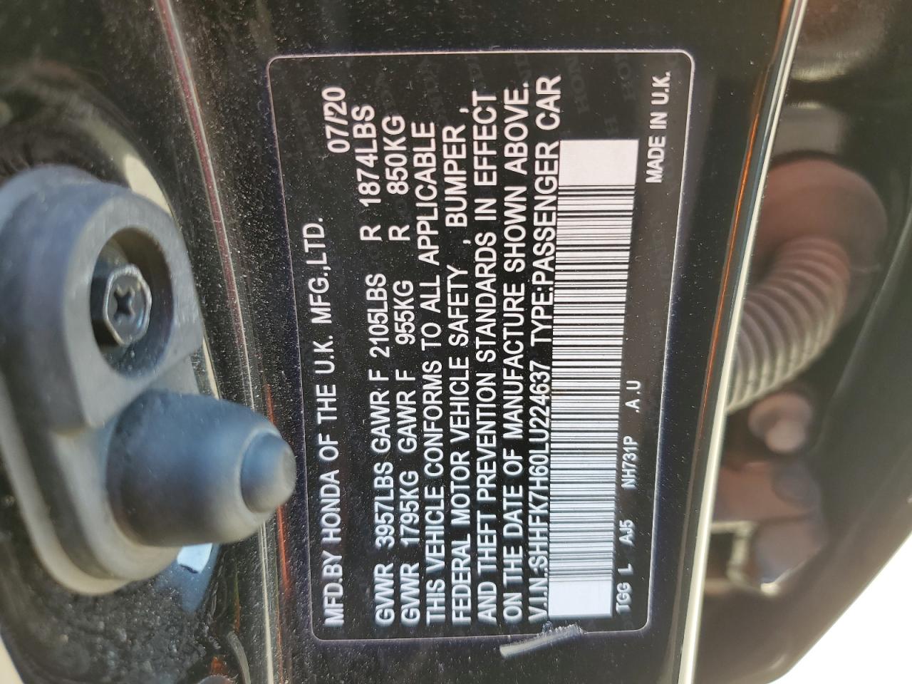 2020 Honda Civic VIN SHHFK7H60LU224637 Copart auction photo, rear end damage thumbnail 14