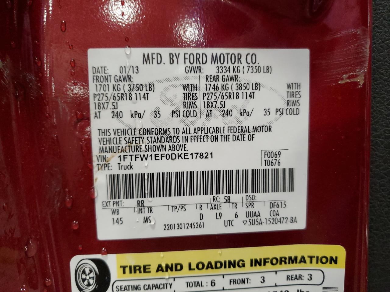 2013 Ford F-150 VIN 1FTFW1EF0DKE17821 Copart auction photo, front end / undercarriage damage thumbnail 12