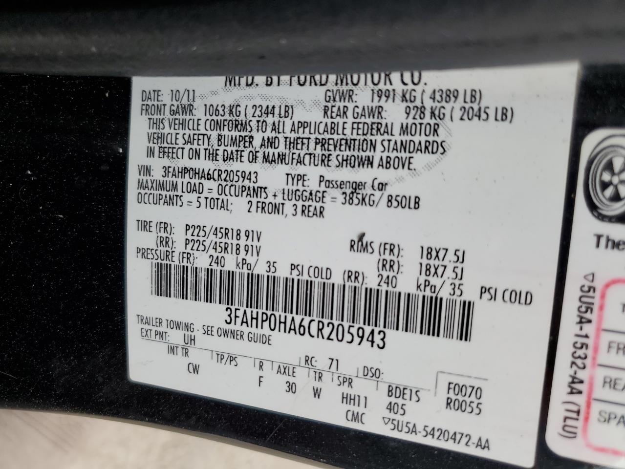 2012 Ford Fusion VIN 3FAHP0HA6CR205943 Copart auction photo, all over damage thumbnail 12