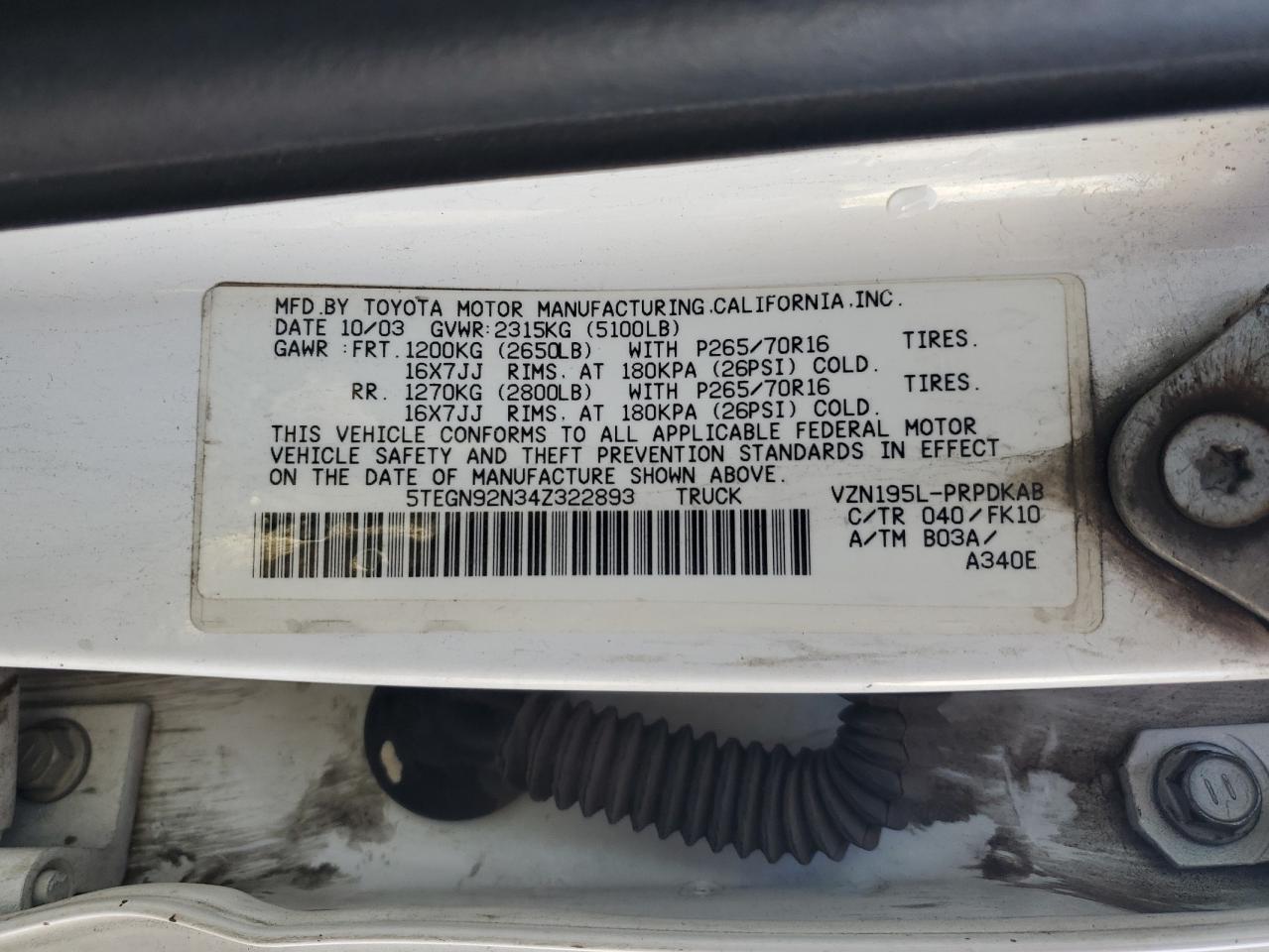 2004 Toyota Tacoma VIN 5TEGN92N34Z322893 Copart auction photo, front end damage thumbnail 13