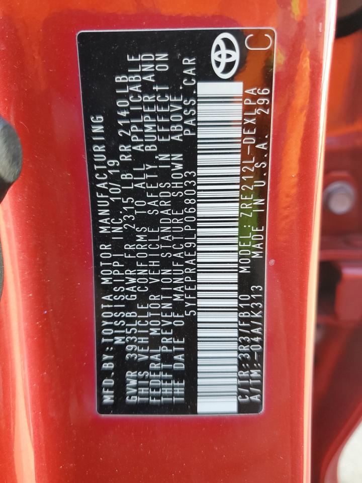 2020 Toyota Corolla VIN 5YFEPRAE9LP068033 Copart auction photo, rear end damage thumbnail 13