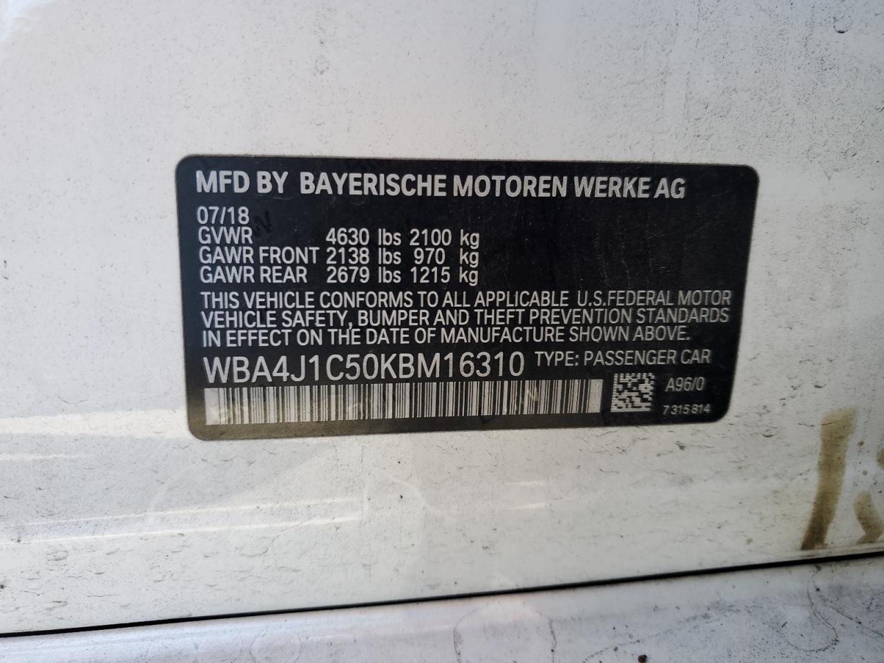 2019 BMW 4er VIN WBA4J1C50KBM16310 Copart auction photo, front end / side damage thumbnail 12