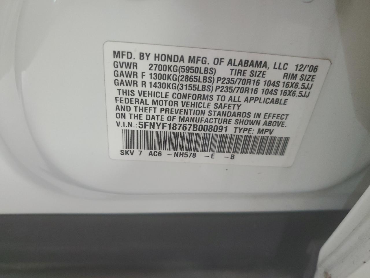 2007 Honda Pilot VIN 5FNYF18767B008091 Copart auction photo, front end / side damage thumbnail 13