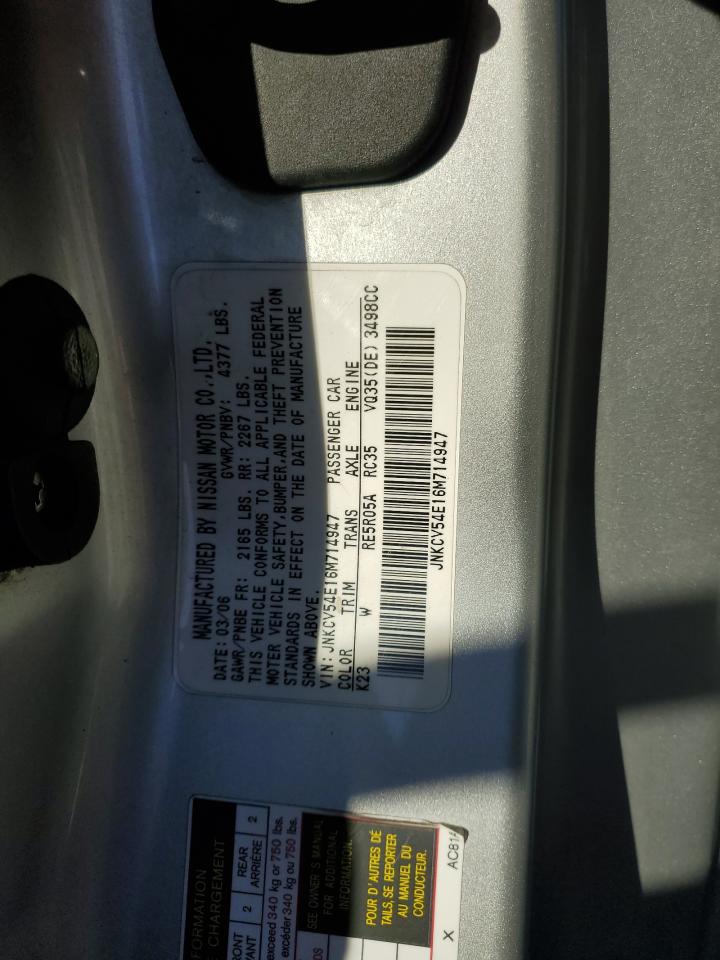 2006 Infiniti G VIN JNKCV54E16M714947 Copart auction photo, front end damage thumbnail 12