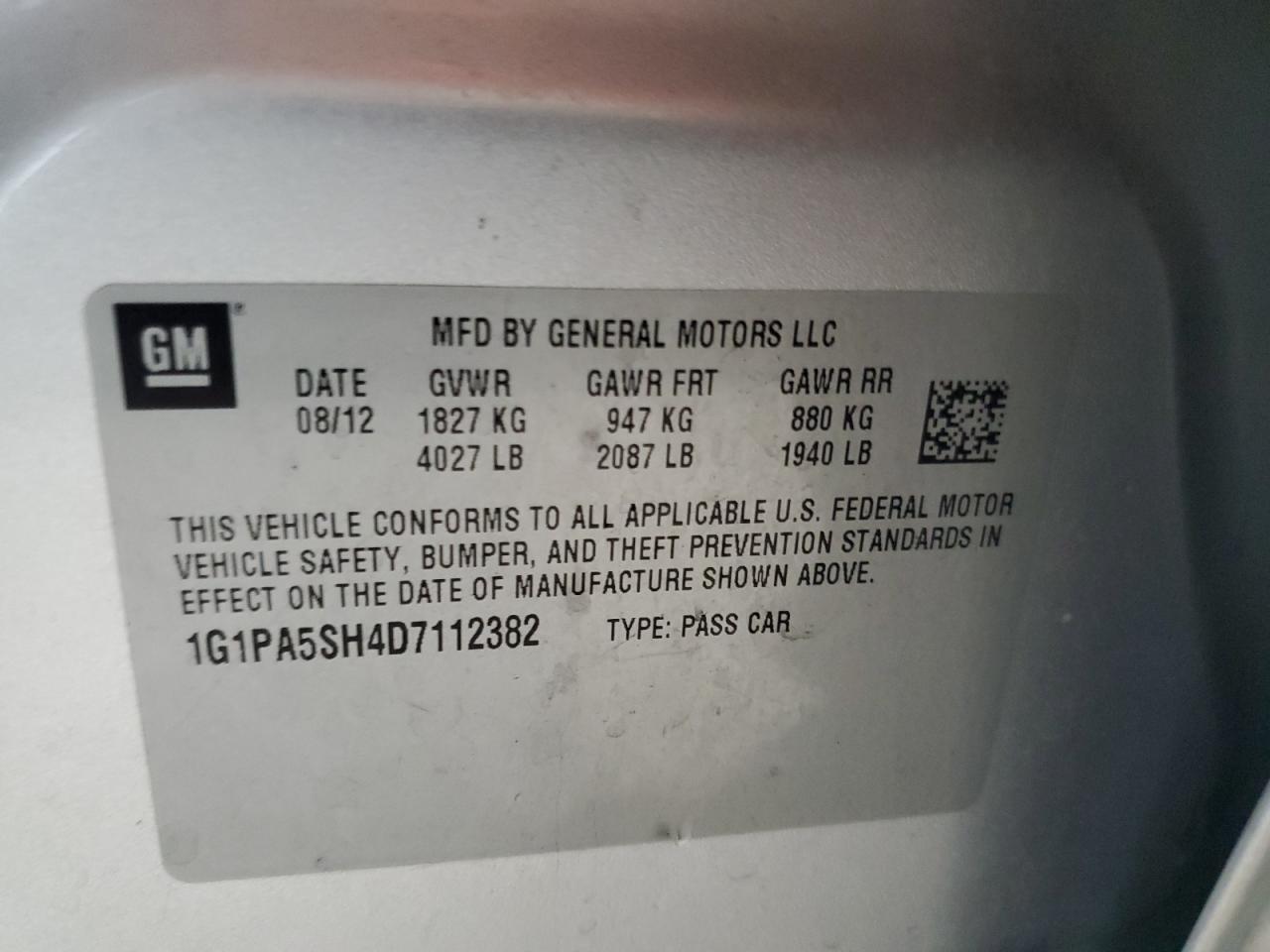 2013 Chevrolet Cruze VIN 1G1PA5SH4D7112382 Copart auction photo, rear end / undercarriage damage thumbnail 15