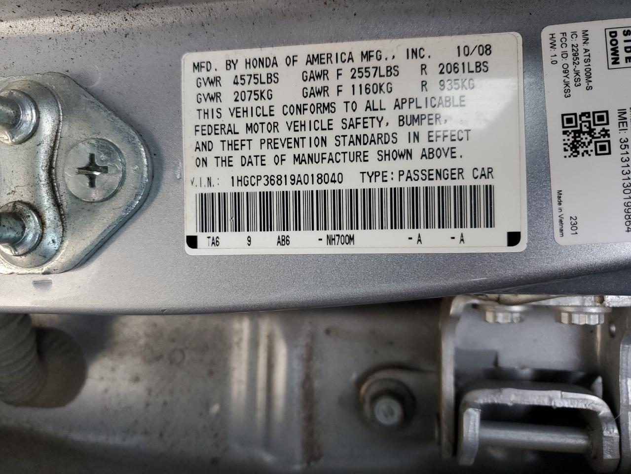 2009 Honda Accord VIN 1HGCP36819A018040 Copart auction photo, front end / minor dent/scratches damage thumbnail 12