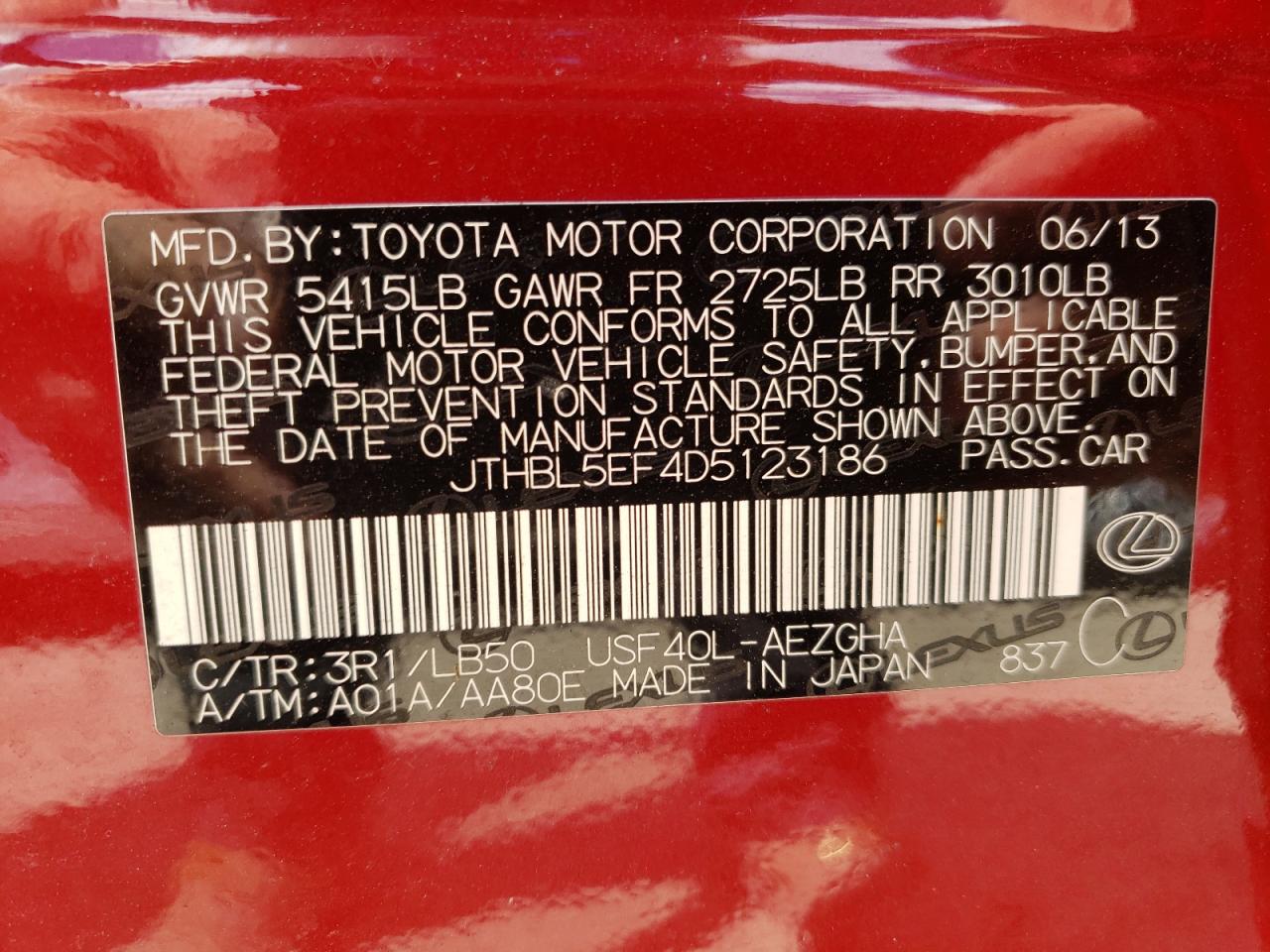 2013 Lexus LS VIN JTHBL5EF4D5123186 Copart auction photo, all over damage thumbnail 10