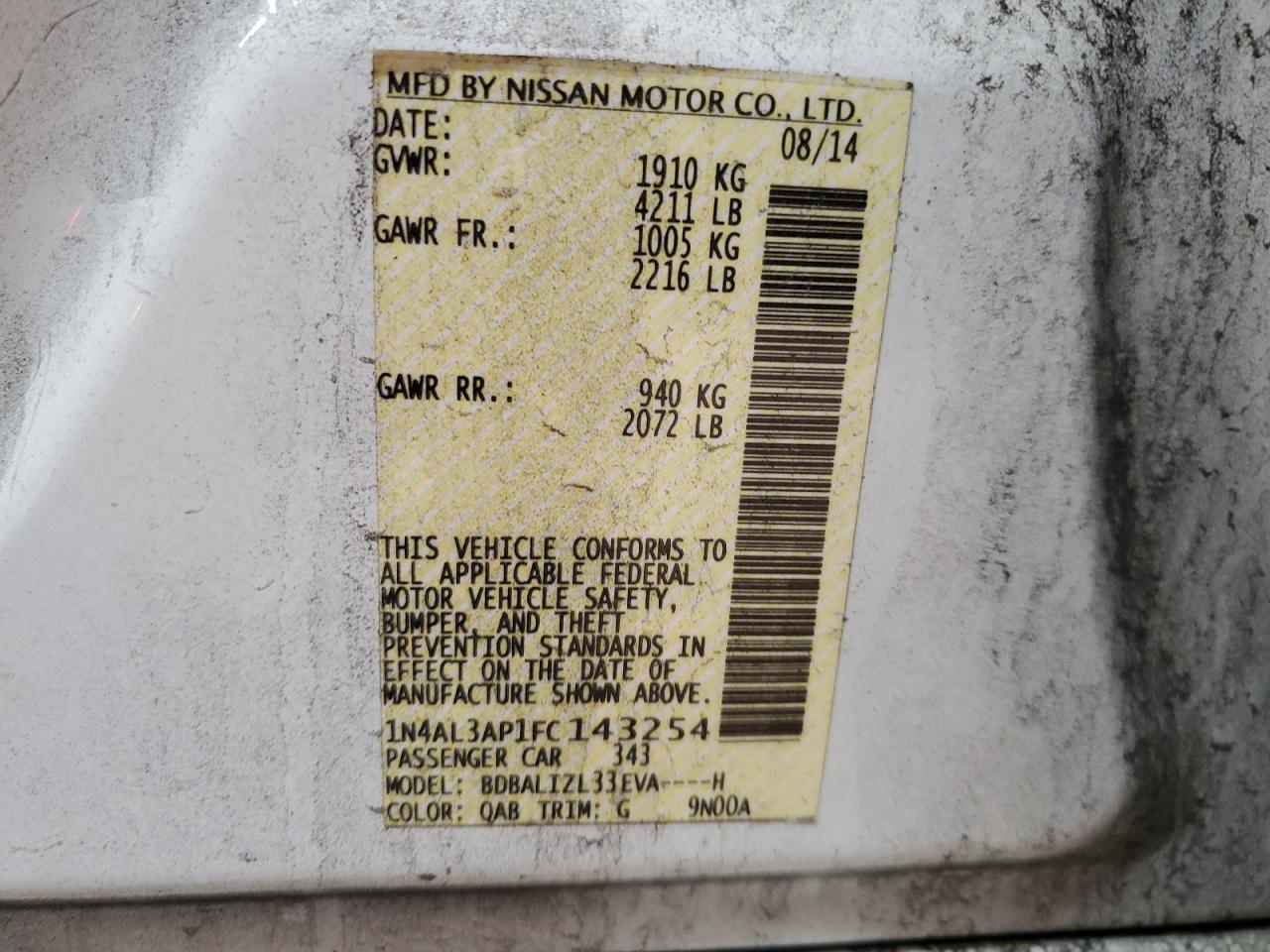 2015 Nissan Altima VIN 1N4AL3AP1FC143254 Copart auction photo, rear end damage thumbnail 12