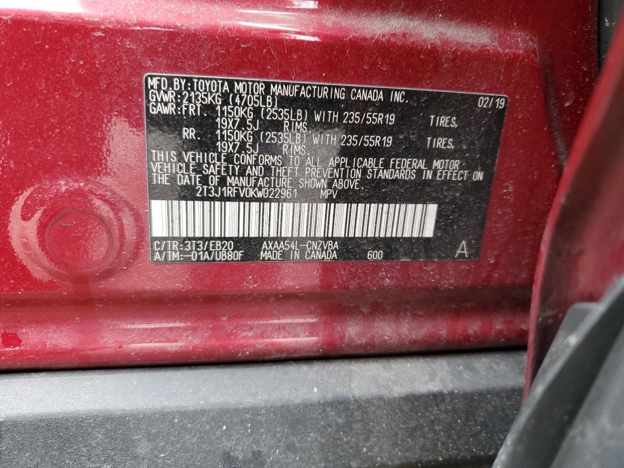 2019 Toyota RAV 4 VIN 2T3J1RFV0KW022961 Copart auction photo, side / minor dent/scratches damage thumbnail 15