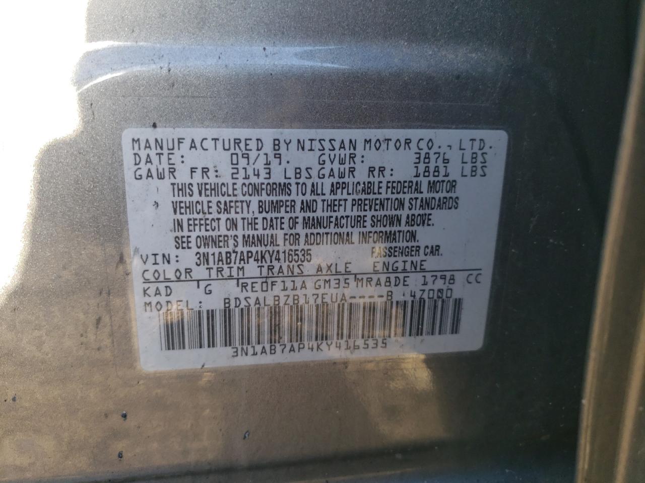 2019 Nissan Sentra VIN 3N1AB7AP4KY416535 Copart auction photo, side / burn damage thumbnail 13