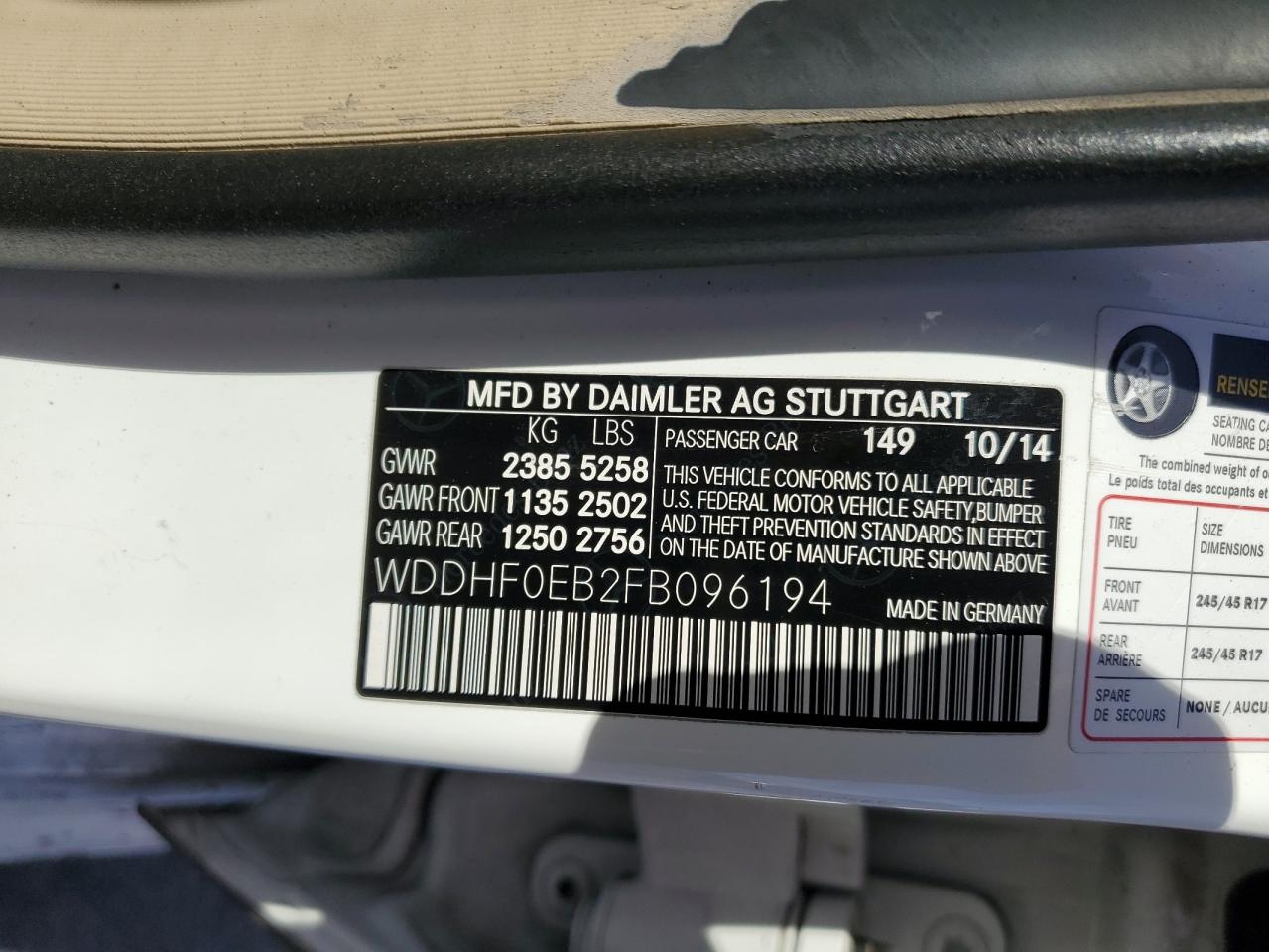 2015 Mercedes-Benz E-klasse VIN WDDHF0EB2FB096194 Copart auction photo, all over damage thumbnail 12