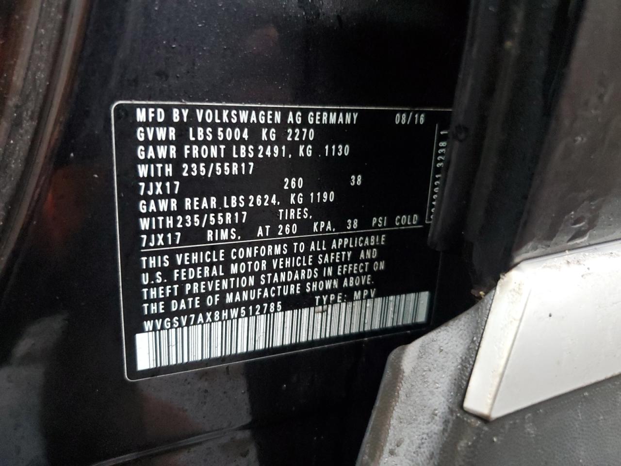 2017 Volkswagen Tiguan VIN WVGSV7AX8HW512785 Copart auction photo, minor dent/scratches damage thumbnail 13