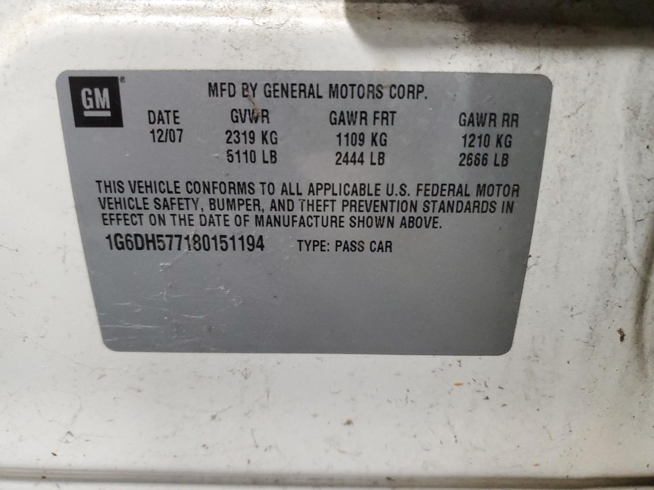 2008 Cadillac CTS VIN 1G6DH577180151194 Copart auction photo, water/flood damage thumbnail 13