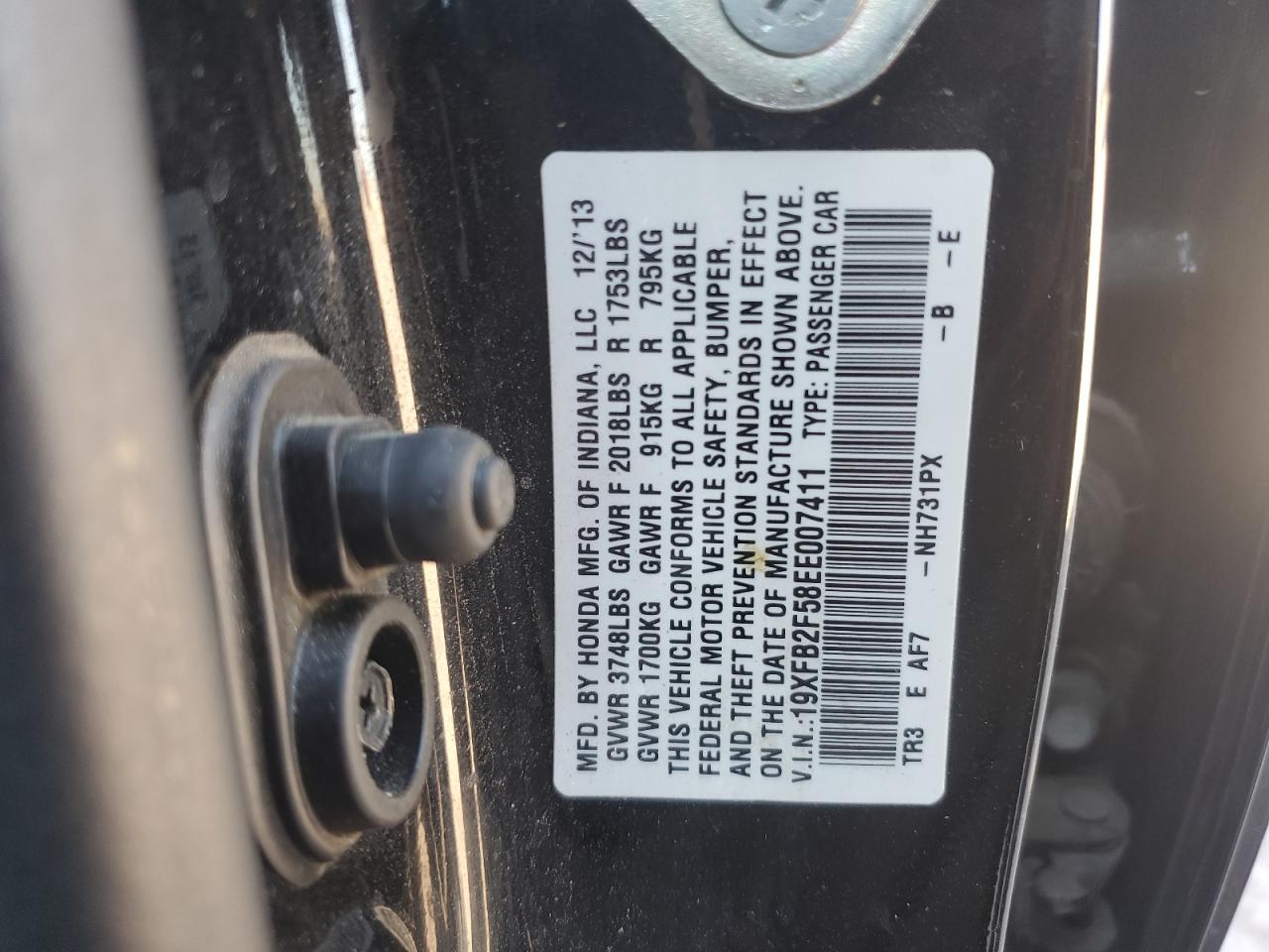 2014 Honda Civic VIN 19XFB2F58EE007411 Copart auction photo, front end damage thumbnail 12