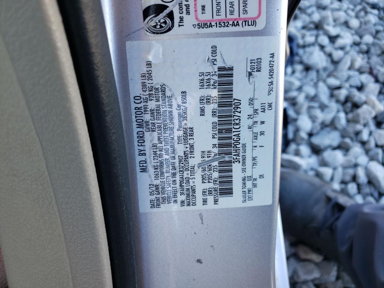 2012 Ford Fusion VIN 3FAHP0GA1CR372907 Copart auction photo, front end / side damage thumbnail 12